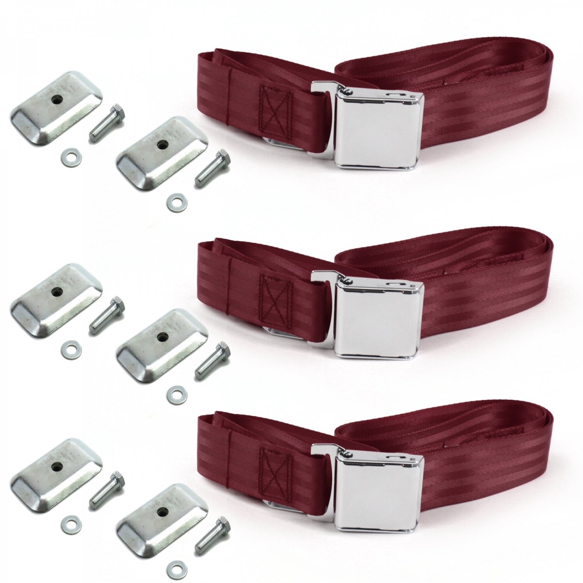 Ford Thunderbird 1958-1960 Airplane 2 Point Burgandy Lap Bench Seat Belt Kit with Bracketry - 3 Belts