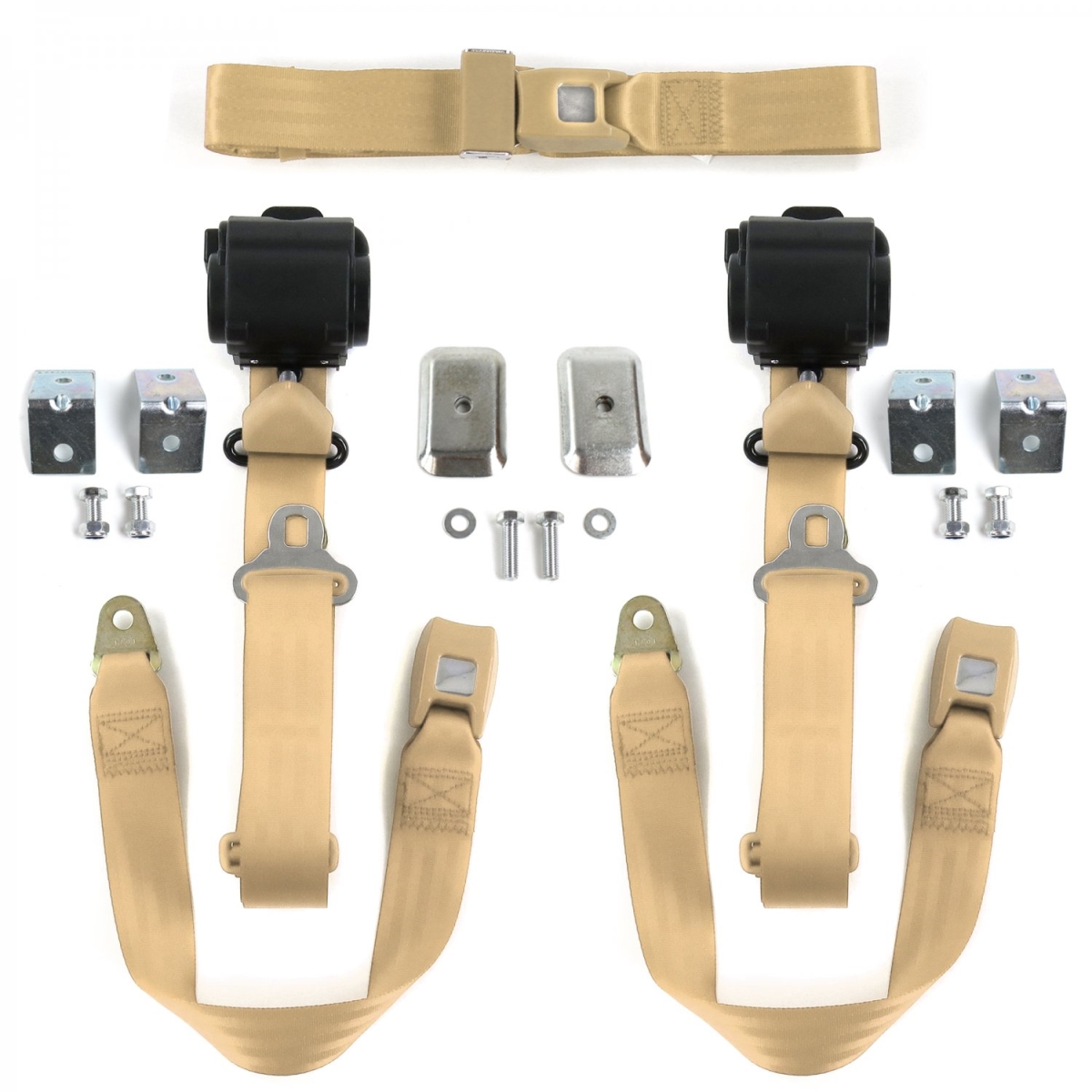 684121 Chevy LUV Truck 1972-1980 Standard 3 Point Tan Retractable Bench Seat Belt Kit with Bracketry - 3 Belts -  safeTboy