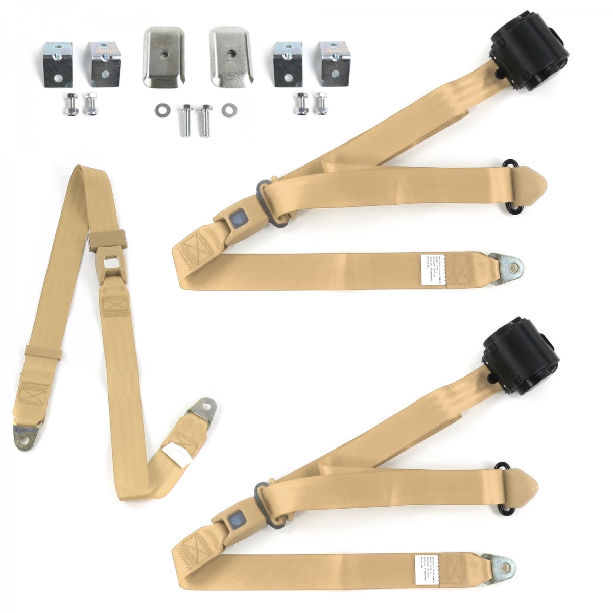 Jeep Gladiator 1962-1988 Standard 3 Point Tan Retractable Bench Seat Belt Kit with Bracketry - 3 Belts