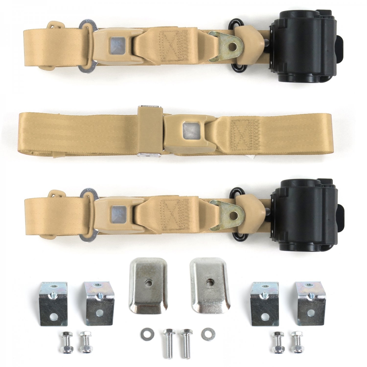 684187 VW Type 1 1958-1967 Standard 3 Point Tan Retractable Bench Seat Belt Kit with Bracketry - 3 Belts -  safeTboy