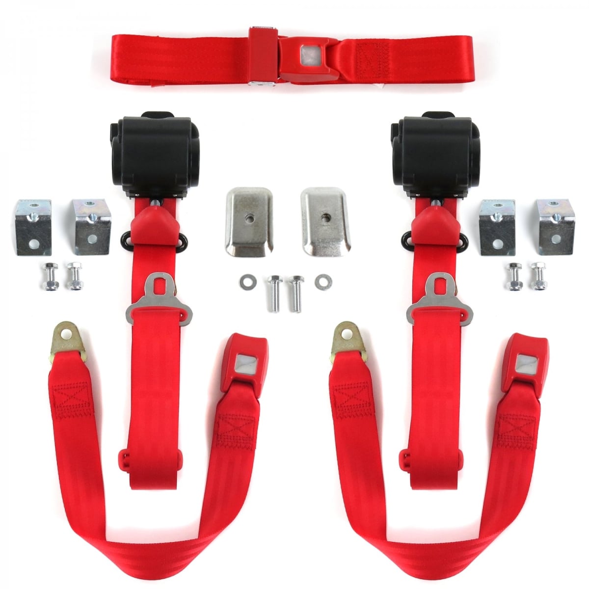 Jeep CJ-DJ 1971-1986 Standard 3 Point Red Retractable Bench Seat Belt Kit with Bracketry - 3 Belts