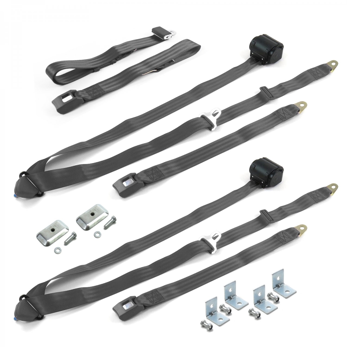 Chevy II 1962-1965 Standard 3 Point Charcoal Retractable Bench Seat Belt Kit with Bracketry - 3 Belts