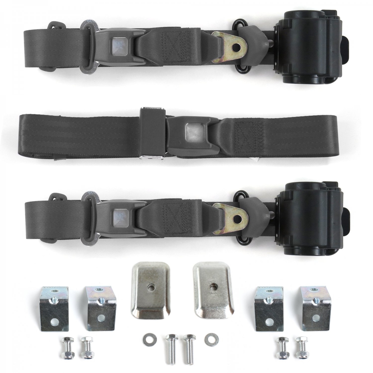 Ford Thunderbird 1977-1979 Standard 3 Point Charcoal Retractable Bench Seat Belt Kit with Bracketry - 3 Belts