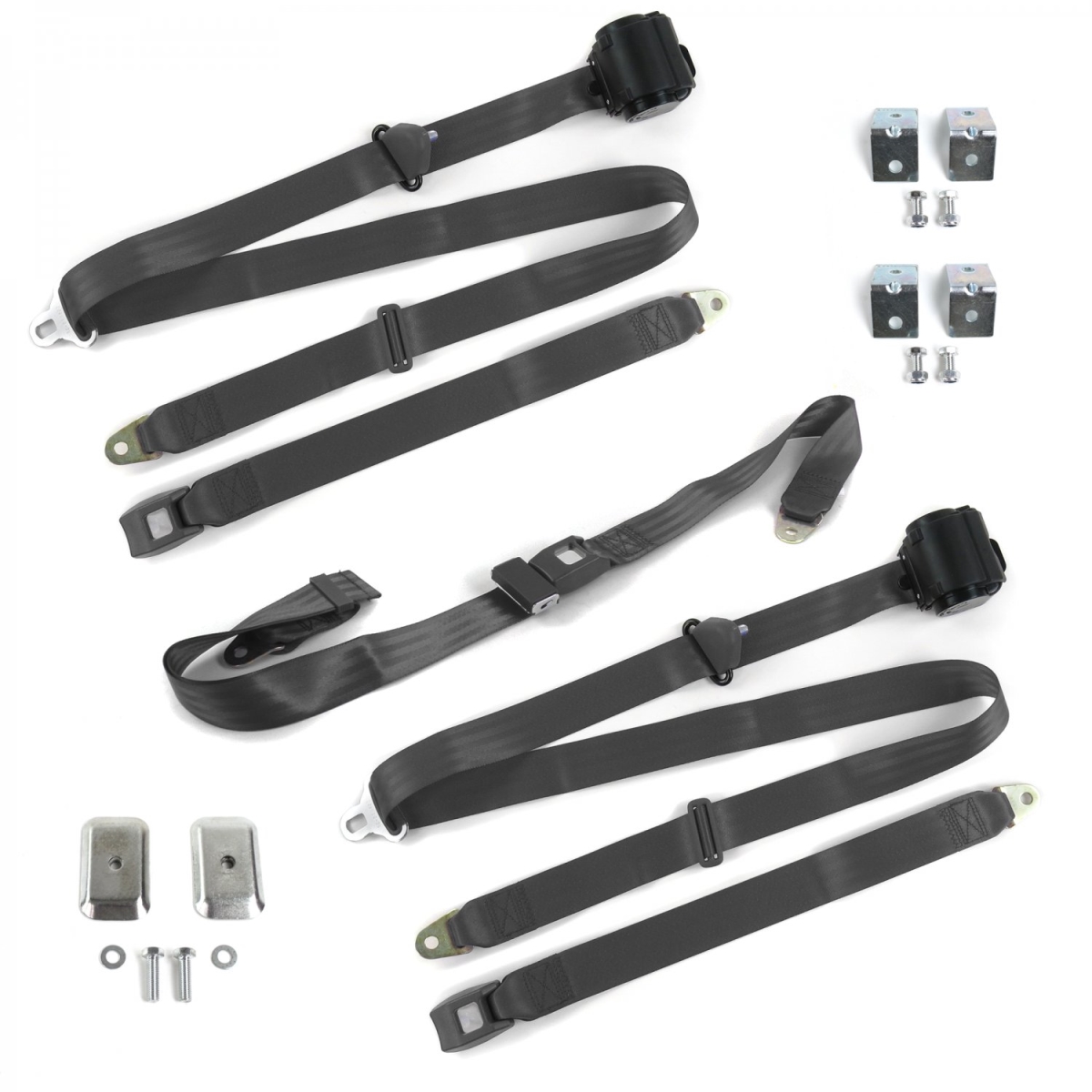Jeep Wagoneer 1963-1991 Standard 3 Point Charcoal Retractable Bench Seat Belt Kit with Bracketry - 3 Belts