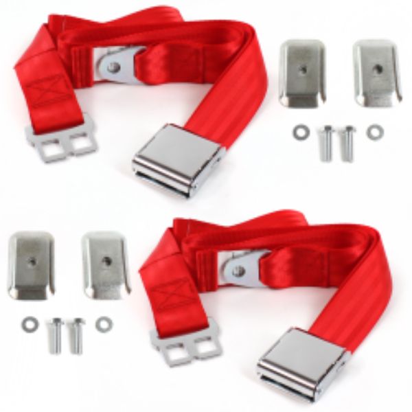 VW Type 1 1958-1967 Airplane 2 Point Red Lap Bucket Seat Belt Kit with Bracketry - 2 Belts