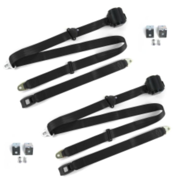 Ford Mustang 1971-1973 Standard 3 Point Black Retractable Bucket Seat Belt Kit with Bracketry - 2 Belts