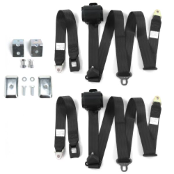 Chevy Nova 1975-1979 Standard 3 Point Black Retractable Bucket Seat Belt Kit with Bracketry - 2 Belts