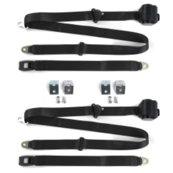 Chevy II 1966-1967 Standard 3 Point Black Retractable Bucket Seat Belt Kit with Bracketry - 2 Belts