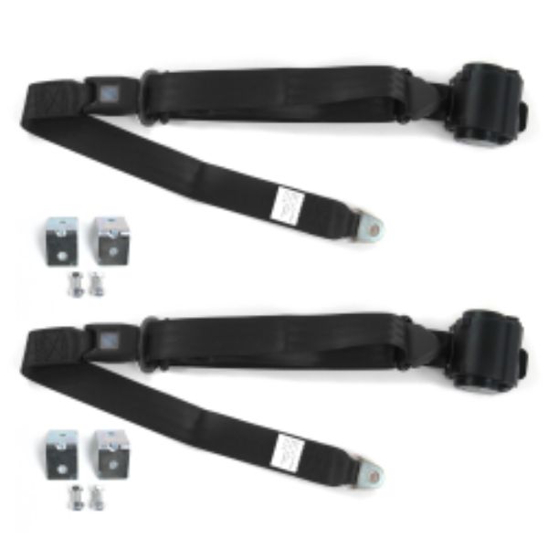 Chevy Impala 1958 Standard 3 Point Black Retractable Bucket Seat Belt Kit with Bracketry - 2 Belts