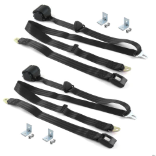 Jeep Gladiator 1962-1988 Standard 3 Point Black Retractable Bucket Seat Belt Kit with Bracketry - 2 Belts