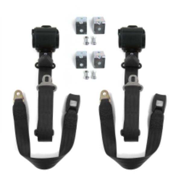 Chevy Cavalier 1982-1994 Standard 3 Point Black Retractable Bucket Seat Belt Kit with Bracketry - 2 Belts