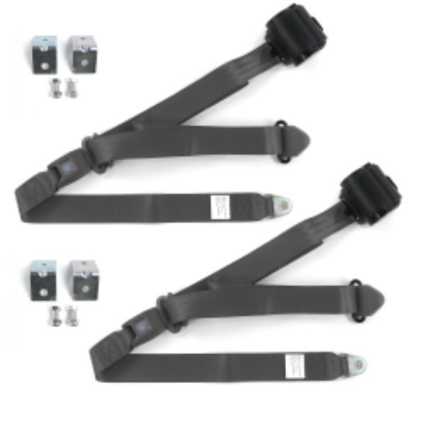 Ford Thunderbird 1967-1976 Standard 3 Point Charcoal Retractable Bucket Seat Belt Kit with Bracketry - 2 Belts