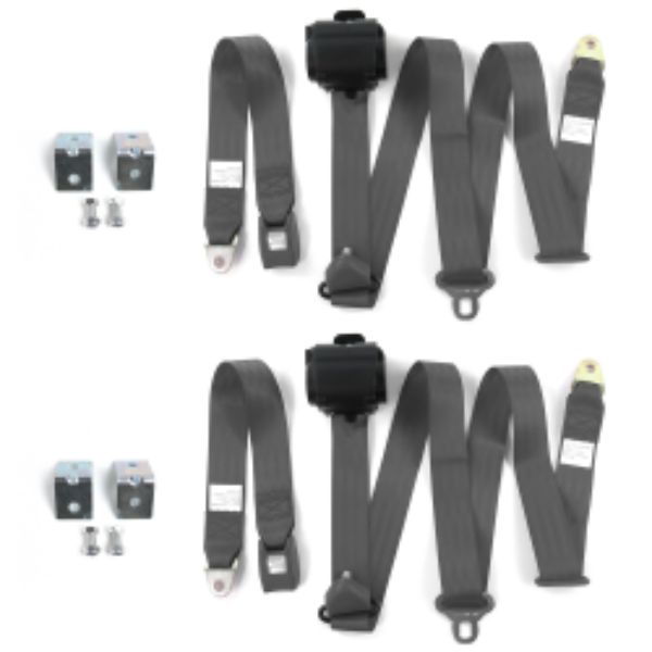 Chevy Impala 1958 Standard 3 Point Charcoal Retractable Bucket Seat Belt Kit with Bracketry - 2 Belts