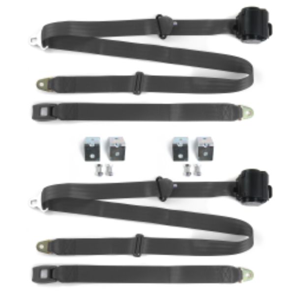 Jeep Commando 1966-1973 Standard 3 Point Charcoal Retractable Bucket Seat Belt Kit with Bracketry - 2 Belts