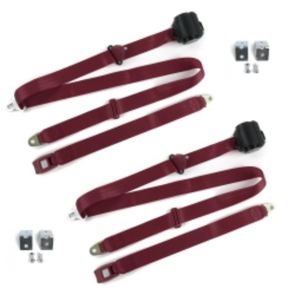 Ford 1932 Model B Standard 3 Point Burgandy Retractable Bucket Seat Belt Kit with Bracketry - 2 Belts
