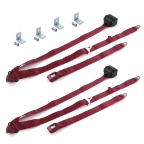 Chevy Nova 1968-1974 Standard 3 Point Burgandy Retractable Bucket Seat Belt Kit with Bracketry - 2 Belts