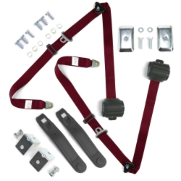 VW Type 1 Split 1947-1952 Standard 3 Point Burgandy Retractable Bucket Seat Belt Kit with Bracketry - 2 Belts