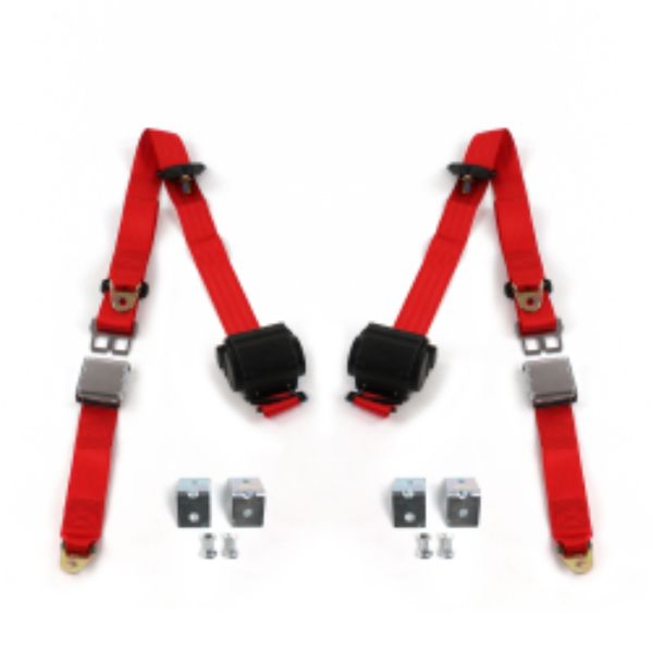 Ford Bronco 1966-1977 Airplane 3 Point Red Retractable Bucket Seat Belt Kit with Bracketry - 2 Belts