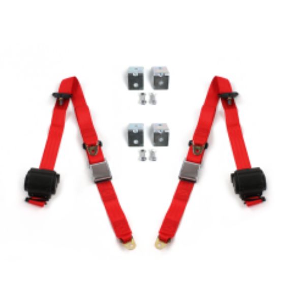 VW Type 3 Squareback Airplane 3 Point Red Retractable Bucket Seat Belt Kit with Bracketry - 2 Belts