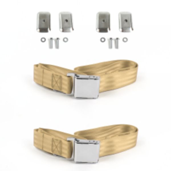 VW Type 1 1968-1983 Airplane 2 Point Tan Lap Bucket Seat Belt Kit with Bracketry - 2 Belts