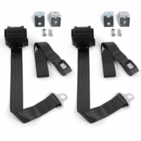 Jeep Jeepster 1966-1973 Standard 2 Point Black Retractable Bucket Seat Belt Kit with Bracketry - 2 Belts
