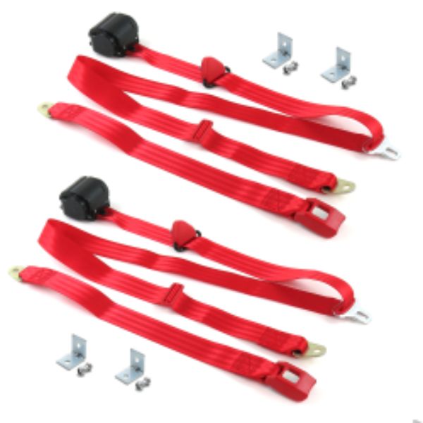 Buick Roadmaster 1957-1958 Standard 3 Point Red Retractable Bucket Seat Belt Kit with Bracketry - 2 Belts