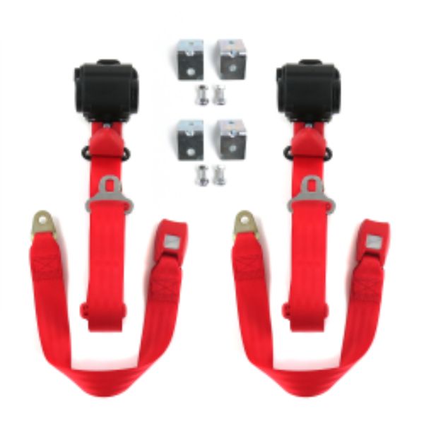 VW Type 3 Squareback Standard 3 Point Red Retractable Bucket Seat Belt Kit with Bracketry - 2 Belts