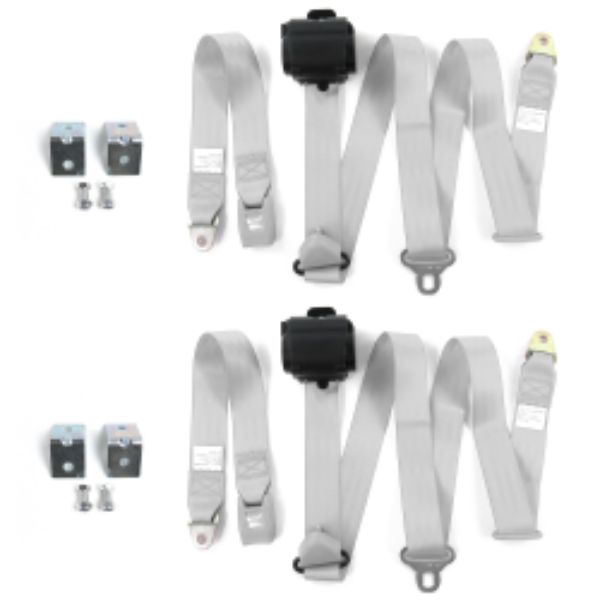 Ford 1932 Model B Standard 3 Point Gray & Grey Retractable Bucket Seat Belt Kit with Bracketry - 2 Belts