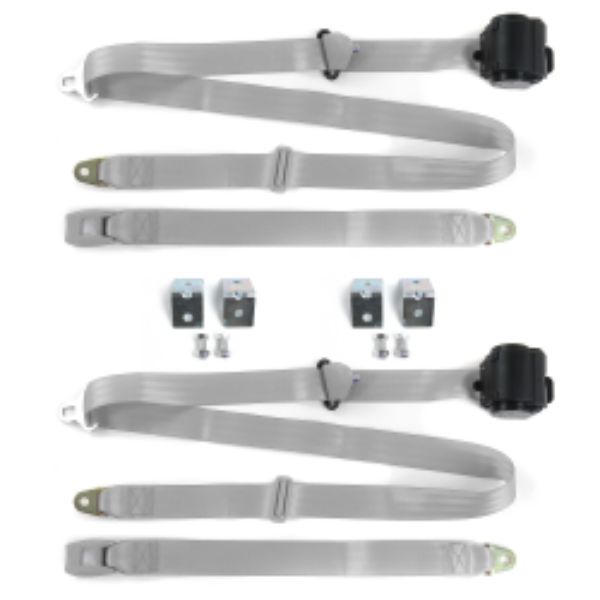 VW Type 1 Split 1947-1952 Standard 3 Point Gray & Grey Retractable Bucket Seat Belt Kit with Bracketry - 2 Belts