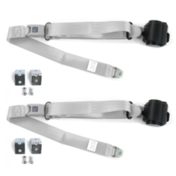 Chevy FS Blazer 1973-1991 Standard 3 Point Gray & Grey Retractable Bucket Seat Belt Kit with Bracketry - 2 Belts