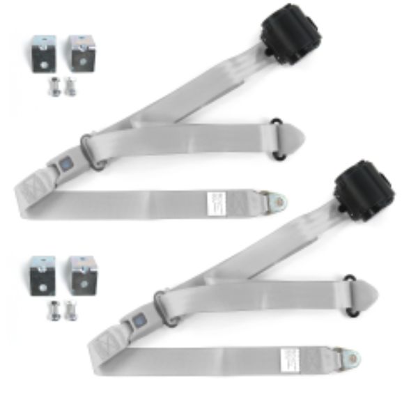 Jeep Commando 1966-1973 Standard 3 Point Gray & Grey Retractable Bucket Seat Belt Kit with Bracketry - 2 Belts