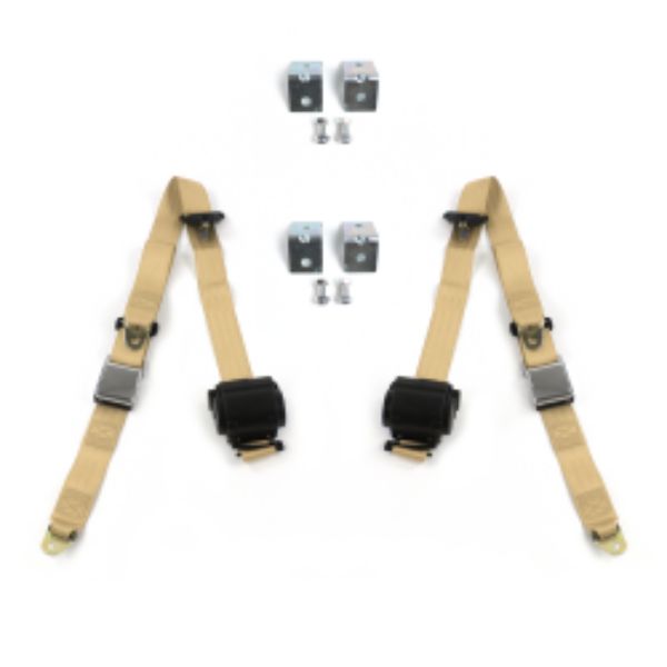 Jeep Commando 1966-1973 Airplane 3 Point Tan Retractable Bucket Seat Belt Kit with Bracketry - 2 Belts