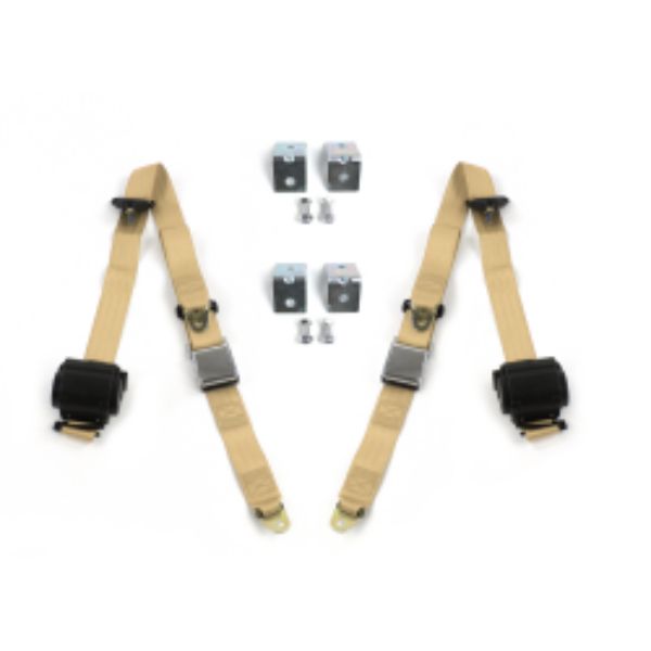 AMC Gremlin 1970-1979 Airplane 3 Point Tan Retractable Bucket Seat Belt Kit with Bracketry - 2 Belts
