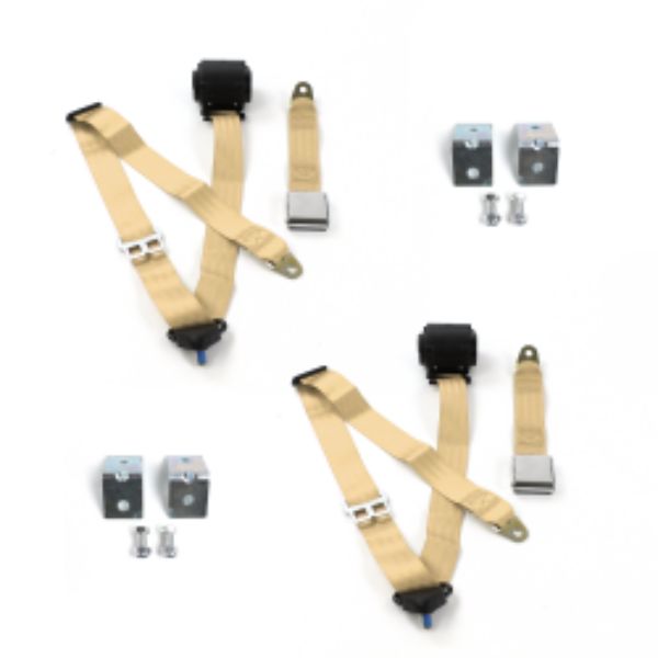 VW Type 2 Split 1949-1967 Airplane 3 Point Tan Retractable Bucket Seat Belt Kit with Bracketry - 2 Belts
