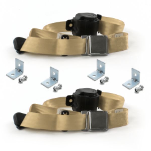 VW Type 3 Squareback Airplane 3 Point Tan Retractable Bucket Seat Belt Kit with Bracketry - 2 Belts