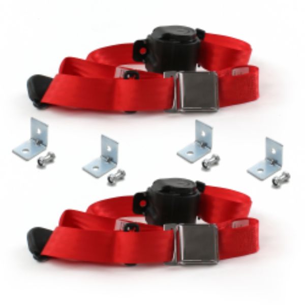VW Type 1 Split 1947-1952 Airplane 3 Point Red Retractable Bucket Seat Belt Kit with Bracketry - 2 Belts
