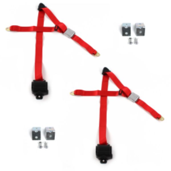 Ford Thunderbird 1961-1966 Airplane 3 Point Red Retractable Bucket Seat Belt Kit with Bracketry - 2 Belts