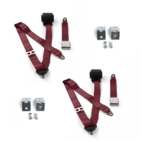VW Type 2 Split 1949-1967 Airplane 3 Point Burgandy Retractable Bucket Seat Belt Kit with Bracketry - 2 Belts
