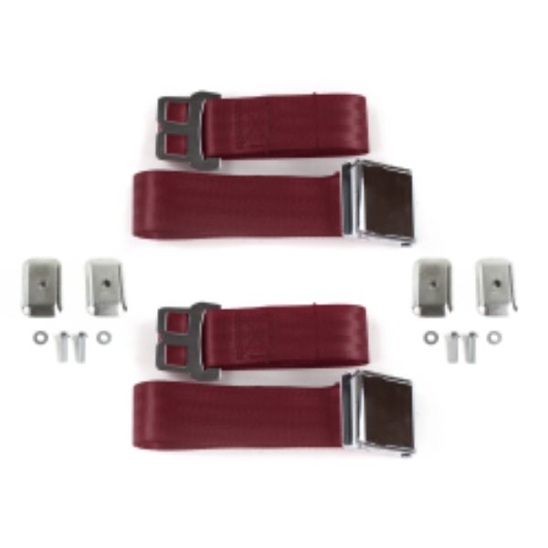 VW Type 1 Split 1947-1952 Airplane 2 Point Burgandy Lap Bucket Seat Belt Kit with Bracketry - 2 Belts