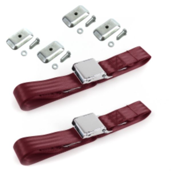 AMC Eagle 1979-1987 Airplane 2 Point Burgandy Lap Bucket Seat Belt Kit with Bracketry - 2 Belts