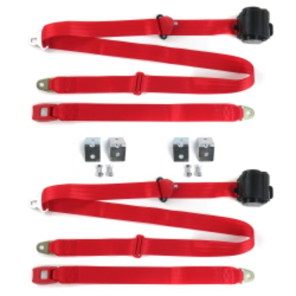 Ford Bronco 1978-1979 Standard 3 Point Red Retractable Bucket Seat Belt Kit with Bracketry - 2 Belts