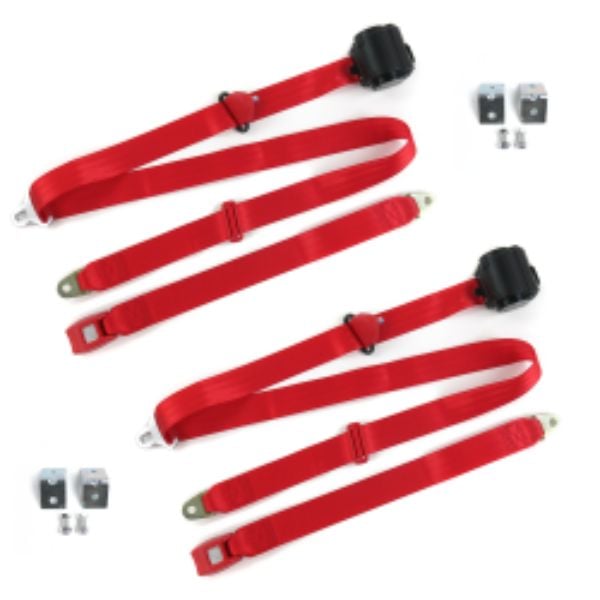 Nash Rambler 1950-1954 Standard 3 Point Red Retractable Bucket Seat Belt Kit with Bracketry - 2 Belts