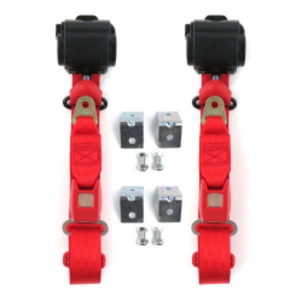 Jeep Comanche 1985-1992 Standard 3 Point Red Retractable Bucket Seat Belt Kit with Bracketry - 2 Belts