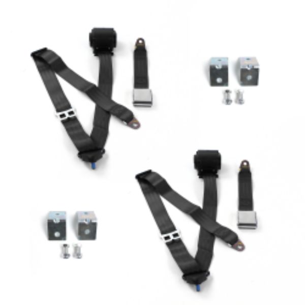 AMC Hornet 1970-1977 Airplane 3 Point Black Retractable Bucket Seat Belt Kit with Bracketry - 2 Belts