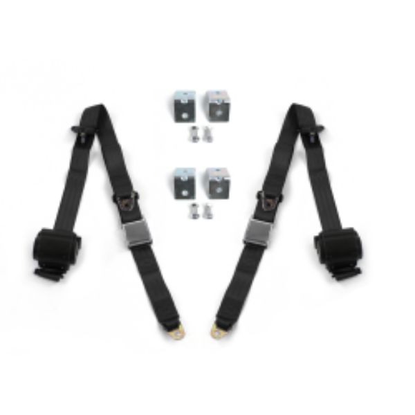 VW Type 2 Split 1949-1967 Airplane 3 Point Black Retractable Bucket Seat Belt Kit with Bracketry - 2 Belts