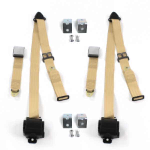 Ford 1933-1934 Model C Airplane 3 Point Tan Retractable Bucket Seat Belt Kit with Bracketry - 2 Belts