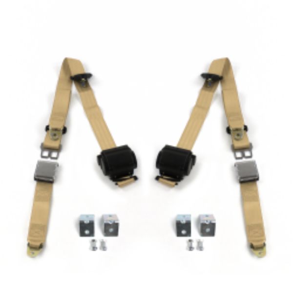 Chevy Impala 1965-1970 Airplane 3 Point Tan Retractable Bucket Seat Belt Kit with Bracketry - 2 Belts