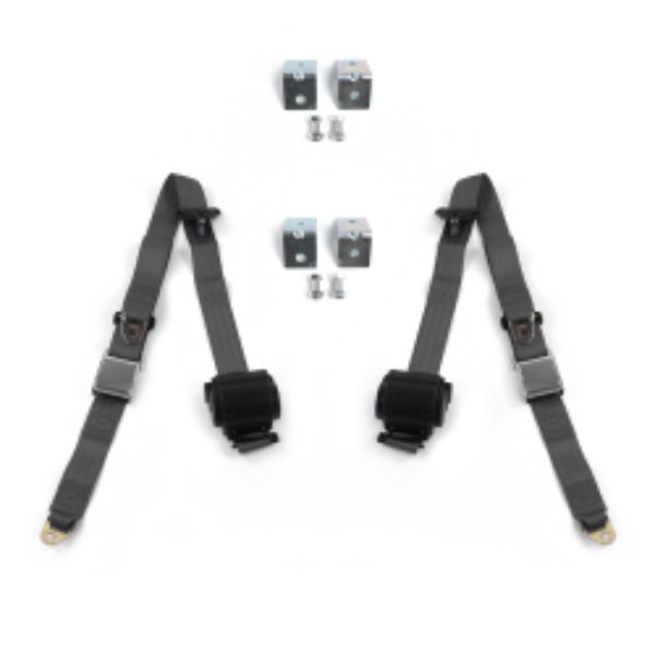 Chevy Impala 1971-1976 Airplane 3 Point Charcoal Retractable Bucket Seat Belt Kit with Bracketry - 2 Belts