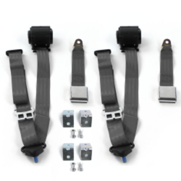VW Type 2 Split 1949-1967 Airplane 3 Point Charcoal Retractable Bucket Seat Belt Kit with Bracketry - 2 Belts