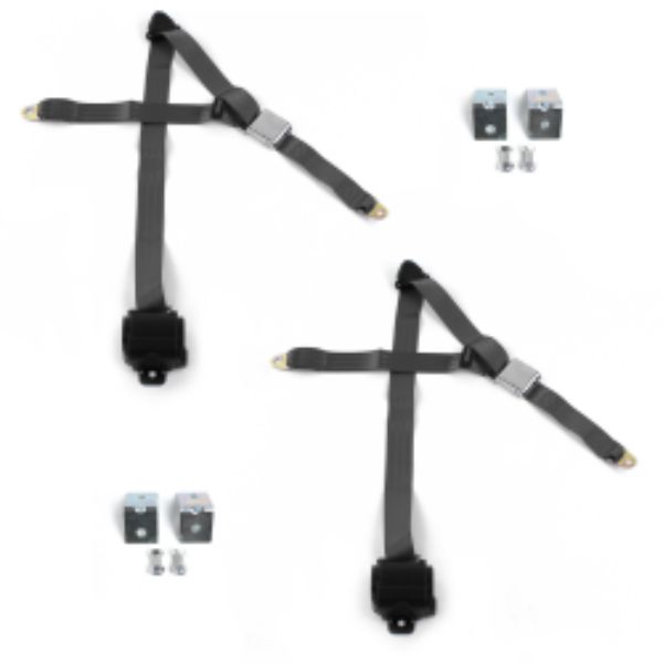 VW Type 3 Squareback Airplane 3 Point Charcoal Retractable Bucket Seat Belt Kit with Bracketry - 2 Belts